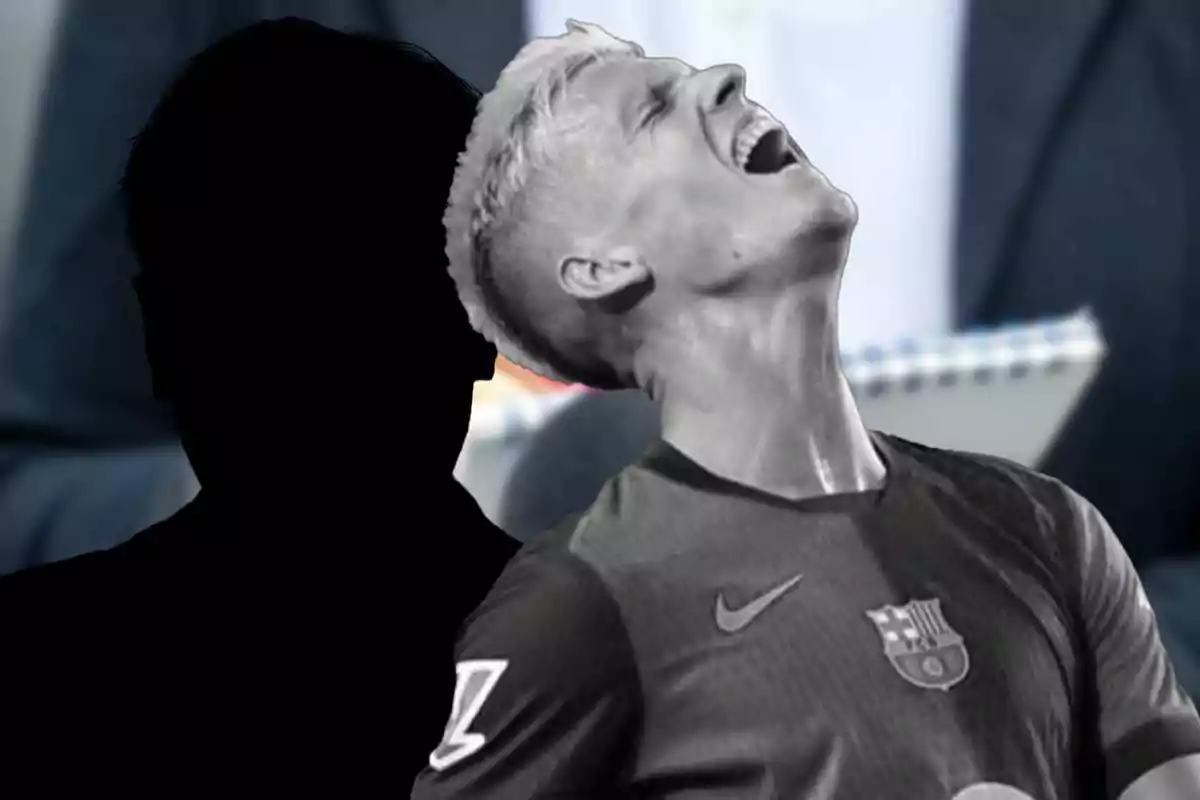 A soccer player wearing a Barcelona jersey shouting with excitement while a dark silhouette stands behind him.