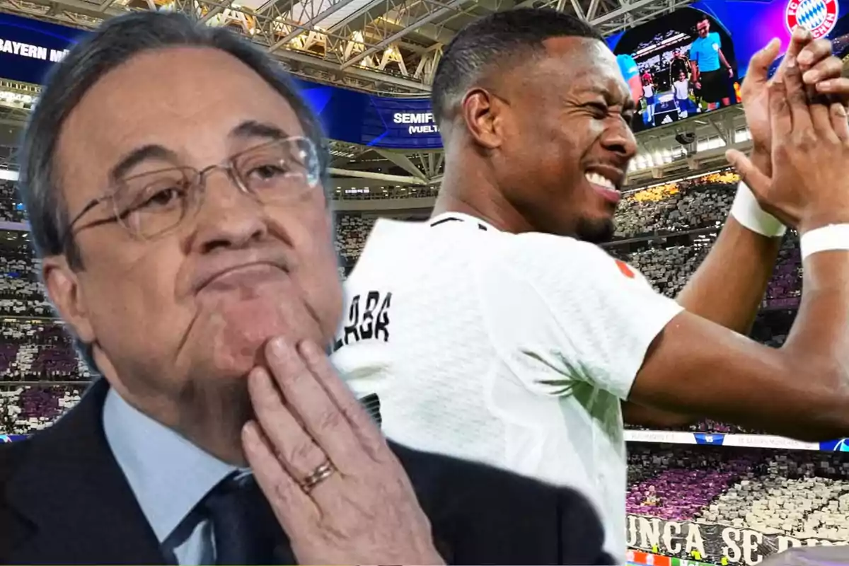 A man with a pensive expression and another clapping in a soccer stadium.