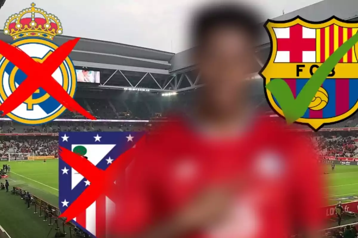 Imagen de un estadio de fútbol con los escudos del Real Madrid y Atlético de Madrid tachados y el escudo del FC Barcelona con una marca de verificación.