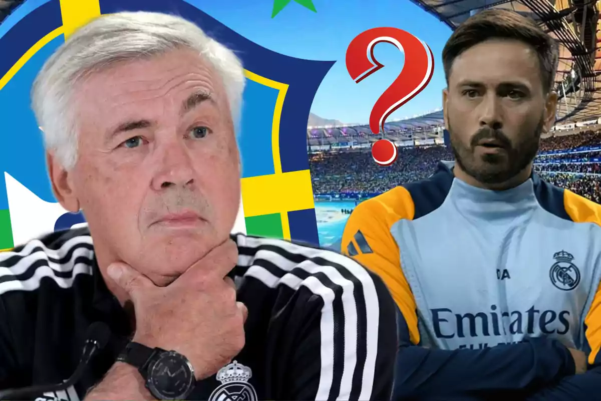 Two men in sportswear, one pensive and the other with a serious expression, with a stadium background and a flag.
