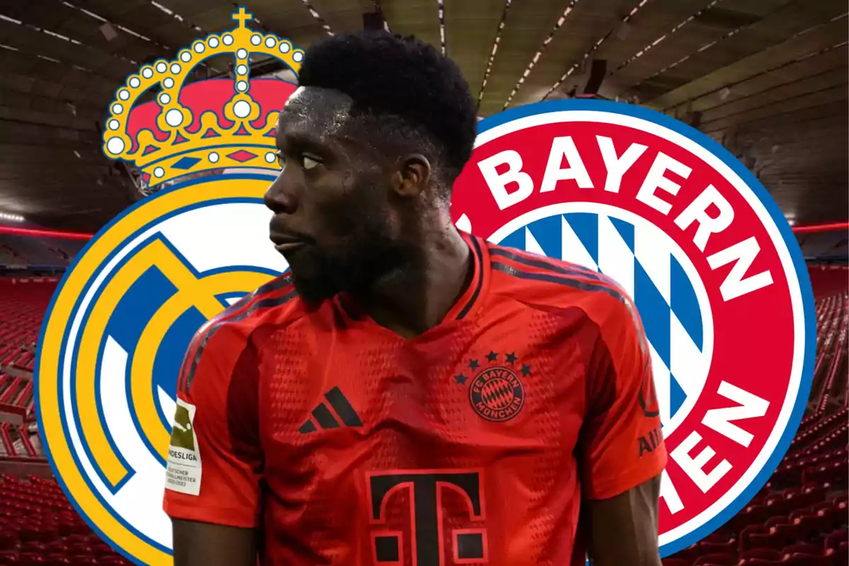 Un jugador de fútbol con la camiseta del Bayern Múnich está en un estadio con los escudos del Real Madrid y Bayern Múnich de fondo.