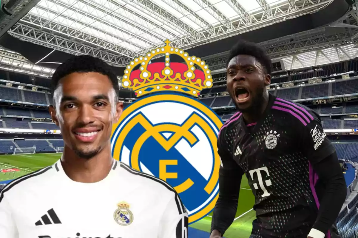 Two players in different team uniforms pose in front of the Real Madrid crest in a stadium.