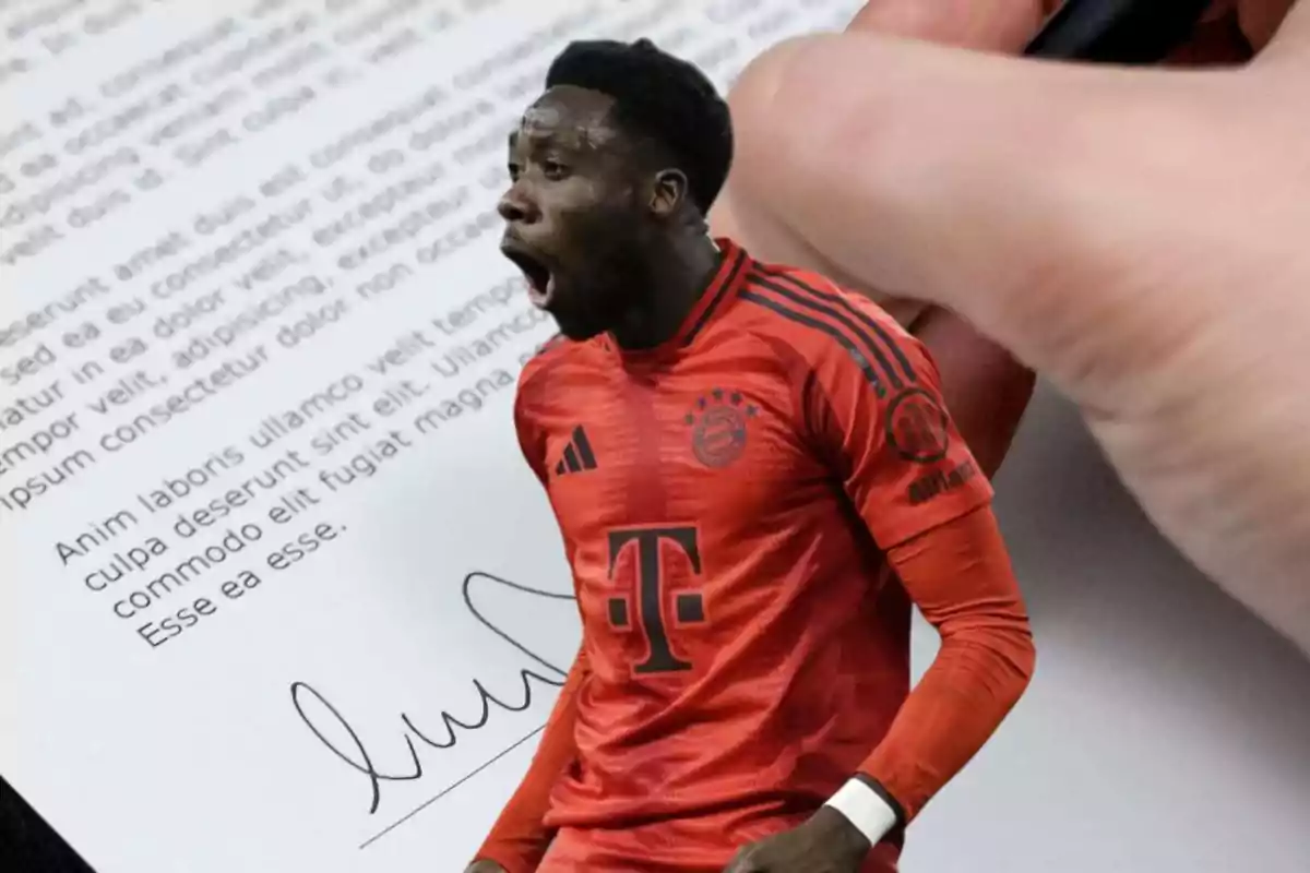 A soccer player in a red uniform is superimposed over an image of a document with text and a signature.