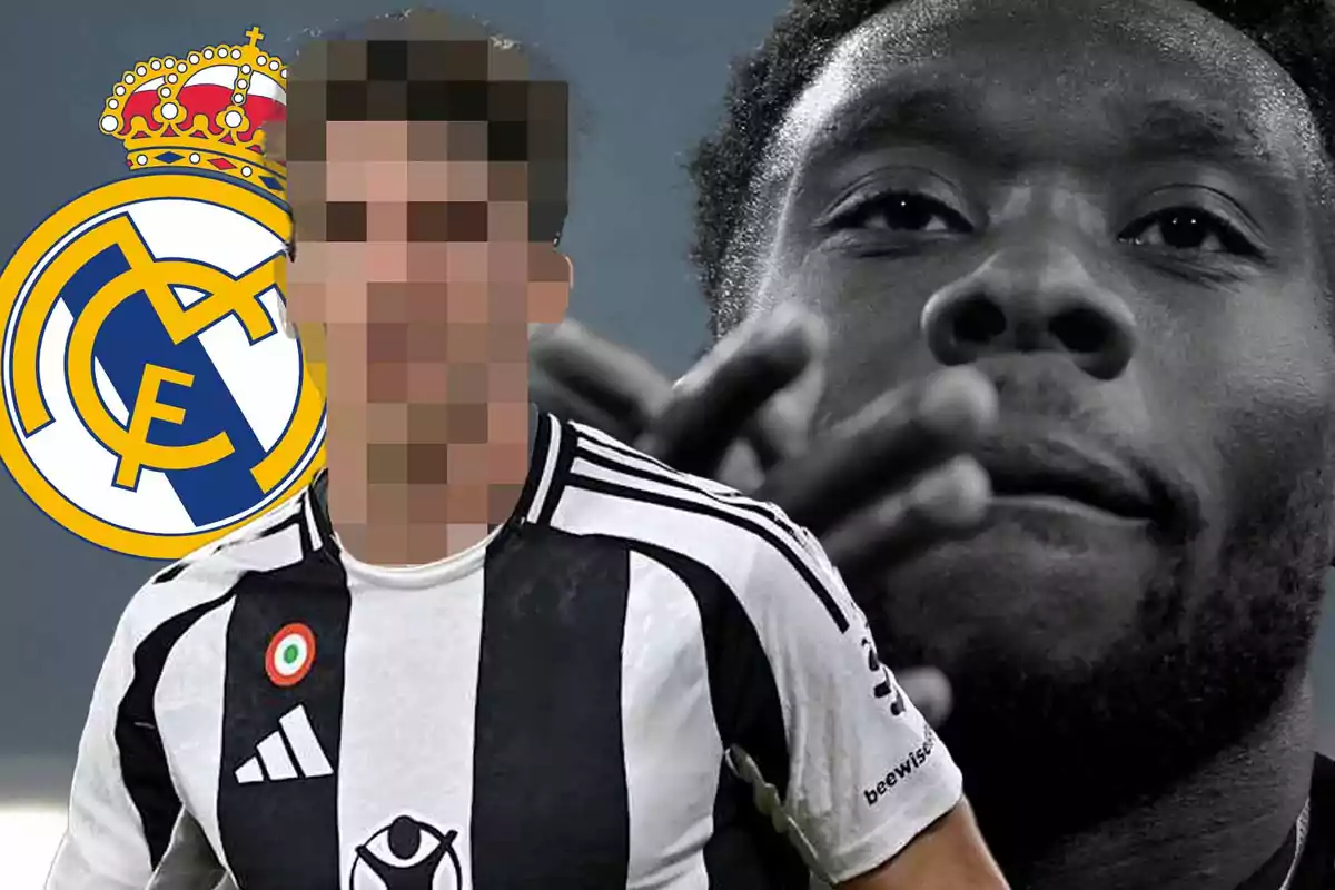 Un jugador de fútbol con el rostro pixelado lleva una camiseta a rayas blancas y negras, con el escudo del Real Madrid en el fondo y la imagen en blanco y negro de otro jugador detrás.