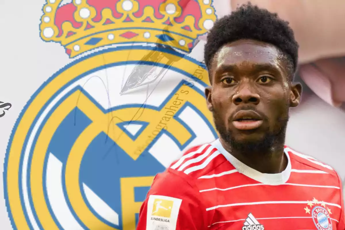 A player wearing the Bayern Munich jersey appears in front of the Real Madrid crest.