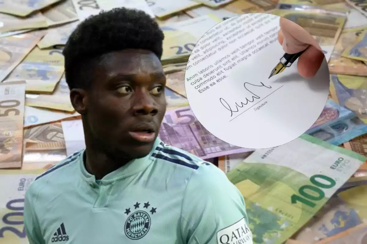 A soccer player in a Bayern Munich uniform appears in the foreground, while euro banknotes and a hand transfer a document can be seen in the background.