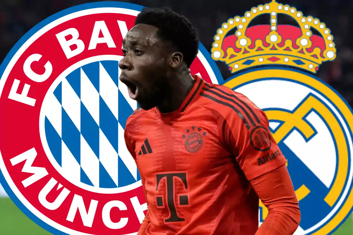 A soccer player in a Bayern Munich uniform celebrates in front of the Bayern Munich and Real Madrid logos.