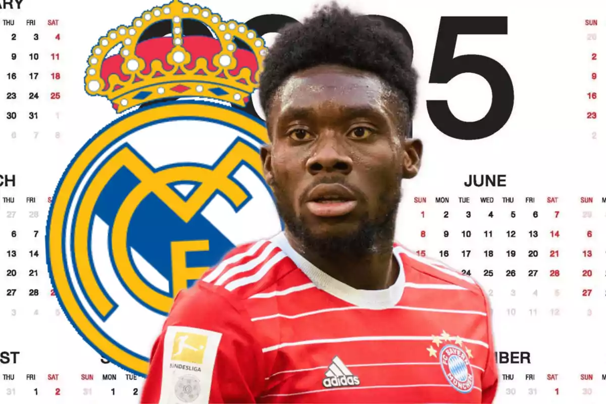 A soccer player wearing a Bayern Munich jersey appears in front of a calendar and the Real Madrid crest.