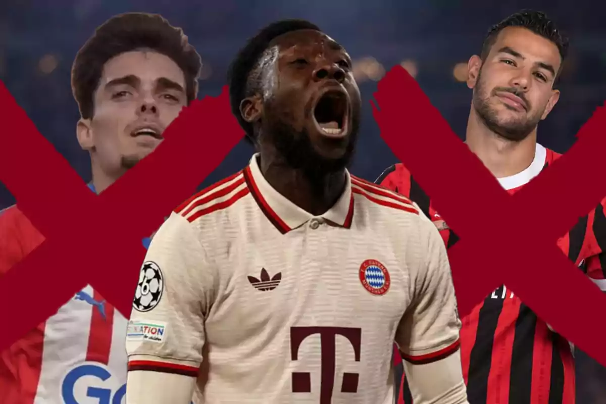 A Bayern Munich player screams with excitement as two players from other teams have a large red X over them.