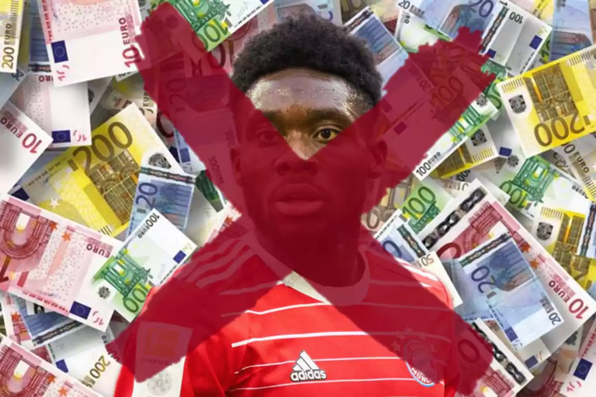 Un jugador de fútbol con una camiseta roja aparece sobre un fondo de billetes de euro con una gran X roja superpuesta.