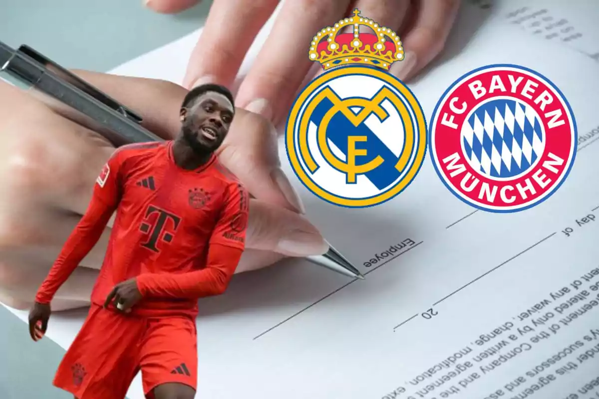 A soccer player in a Bayern Munich uniform appears over an image of a hand transfer a document, with the Real Madrid and Bayern Munich crests in the background.