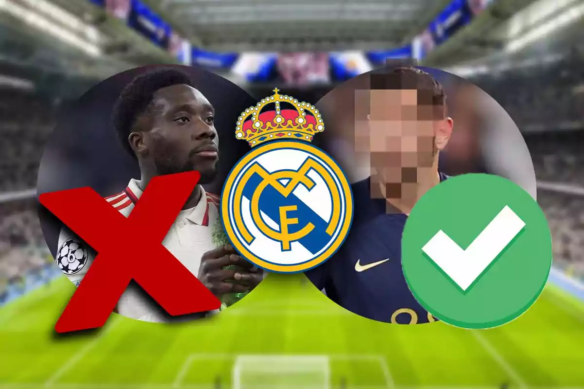 A soccer player with a red cross on the left and another pixelated player with a green check mark on the right, with the Real Madrid crest in the center, in a soccer stadium.