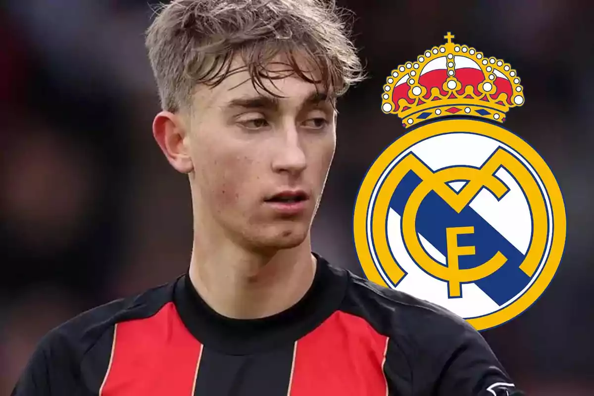 A player with a black and red jersey next to the Real Madrid crest.