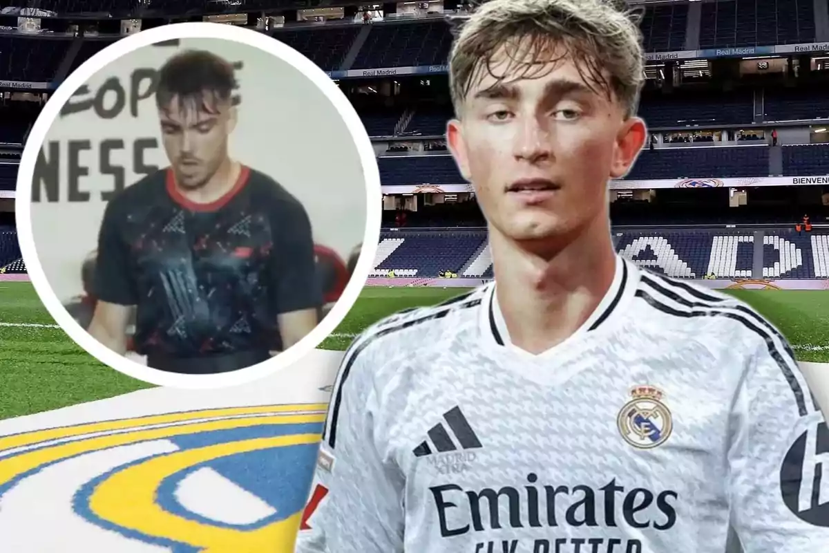 A player wearing the Real Madrid uniform in a stadium and a box with the image of another man working out