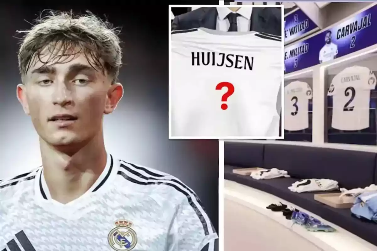 Un joven futbolista con la camiseta del Real Madrid aparece junto a una imagen de un vestidor con camisetas y una camiseta con el nombre Huijsen y un signo de interrogación