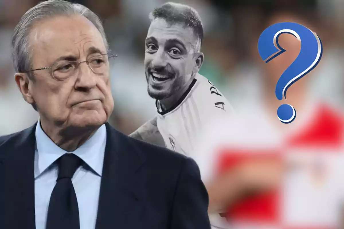 Un hombre mayor con gafas y traje oscuro aparece en primer plano, mientras que detrás de él hay una imagen en blanco y negro de un jugador de fútbol sonriendo y un gran signo de interrogación azul.