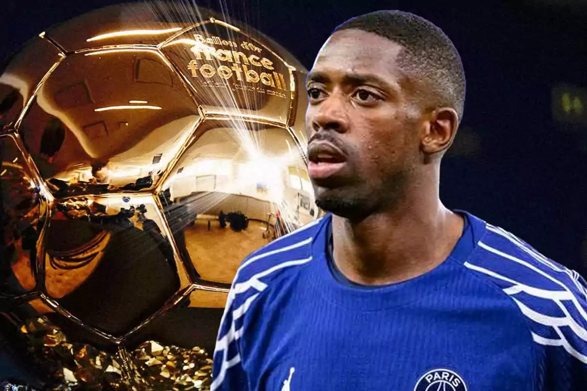 Un futbolista con camiseta azul del PSG aparece frente a un trofeo dorado del Balón de Oro