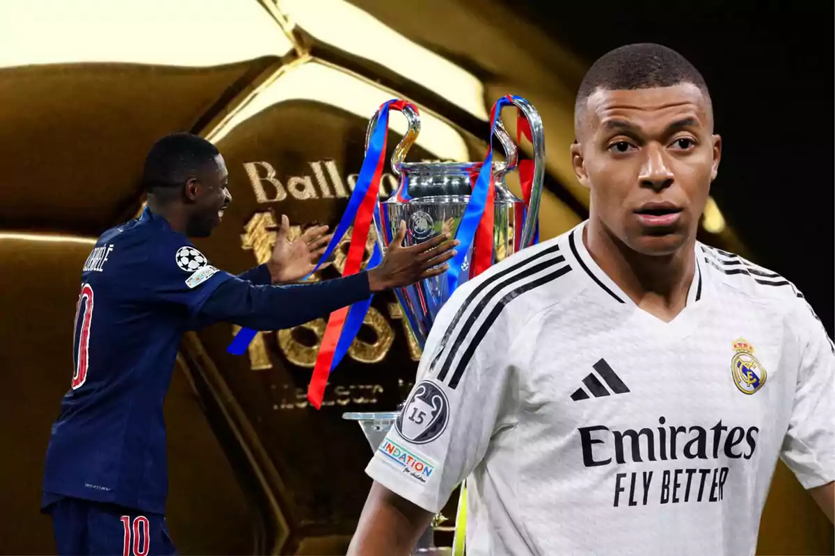 Two players in different uniforms, one celebrating in front of a Champions League trophy and the other in a white jersey, with a Ballon d'Or in the background.
