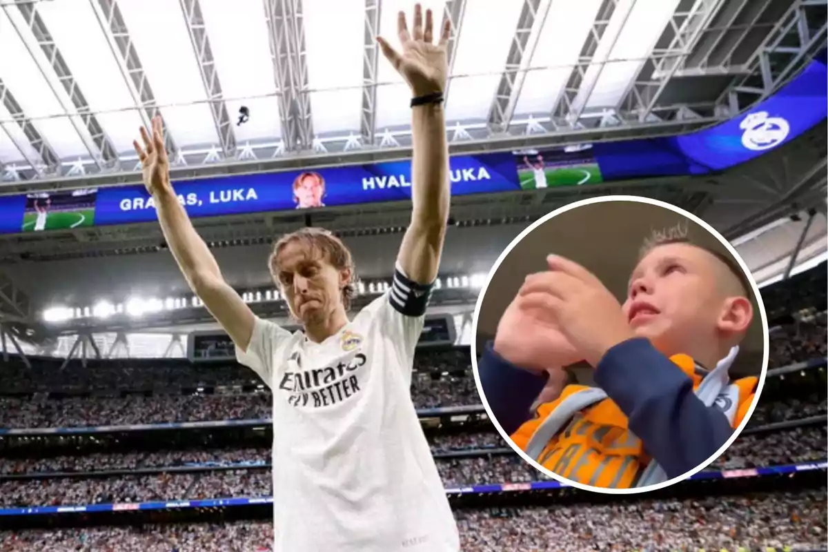 A player raises his arms in a full stadium while the screen reads "Thank you, Luka" and an excited child appears in a box.