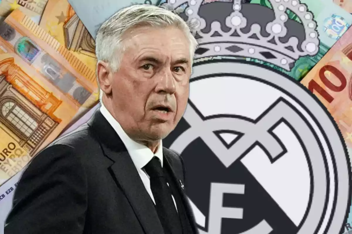 A gray-haired man in a dark suit stands in front of a background featuring euro bills and a soccer shield.