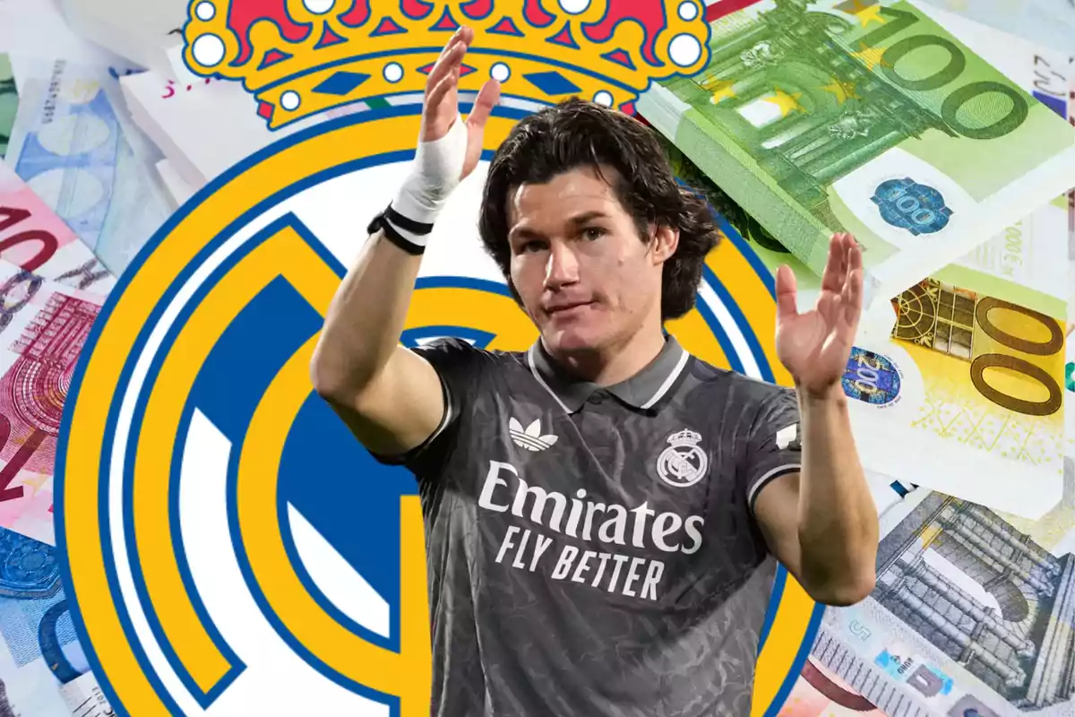 Jugador de fútbol con uniforme del Real Madrid frente a un fondo de billetes de euro y el escudo del equipo.