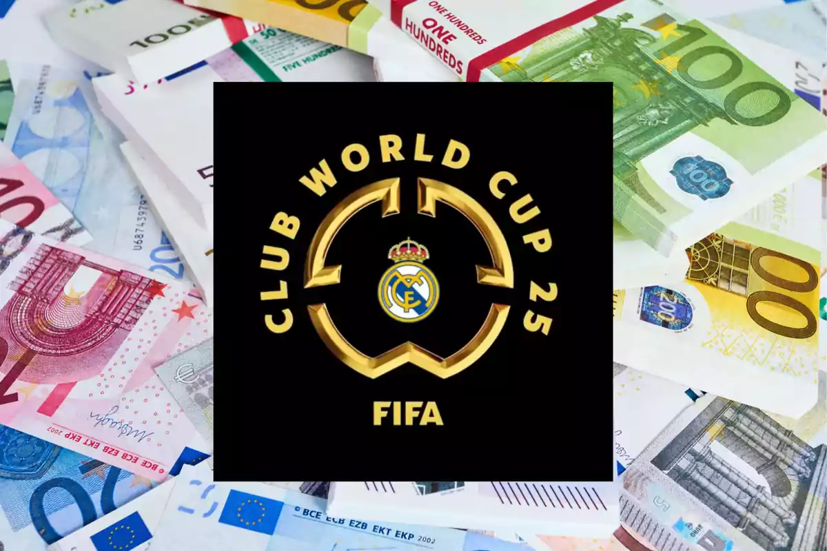 A FIFA Club World Cup 2025 logo on a background of euro banknotes.