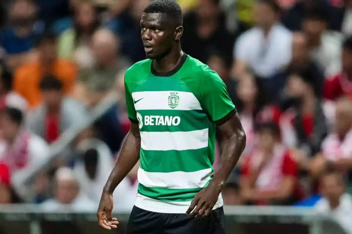 A football player wearing the green and white jersey of Sporting Lisbon on the field during a match. A football player wearing the green and white jersey of Sporting Lisbon on the field during a match.