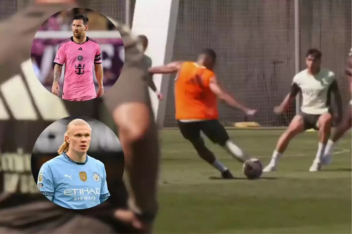 Dos jugadores de fútbol en un entrenamiento mientras en la parte superior izquierda aparece un jugador con uniforme rosa y en la parte inferior izquierda otro jugador con uniforme celeste
