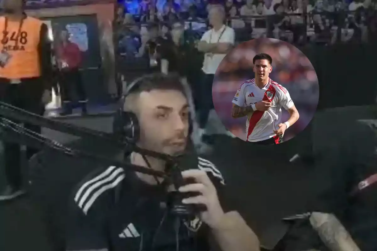 A man wearing headphones and a microphone is broadcasting at an event with an audience in the background and an overlaid image of a player in a white uniform with a red stripe.