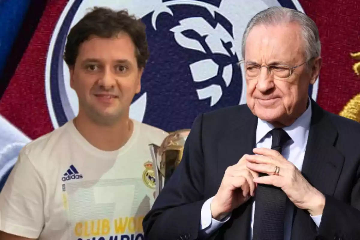 Dos hombres posan frente a un fondo con el logo de la Premier League, uno de ellos lleva una camiseta del Real Madrid y sostiene un trofeo.