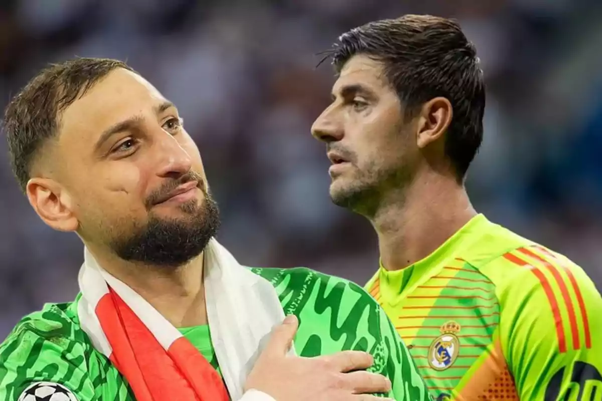 Two soccer goalkeepers in green uniforms stand facing each other in a stadium; one has a flag draped over his shoulders and the other is wearing a Real Madrid jersey.
