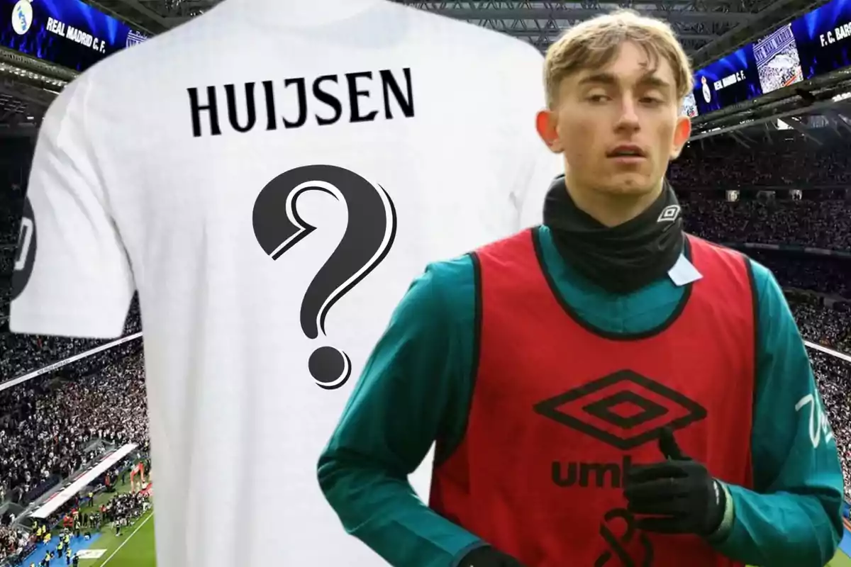 A player wearing a training bib and gloves appears in front of a white jersey with the name Huijsen and a question mark in a stadium full of fans.