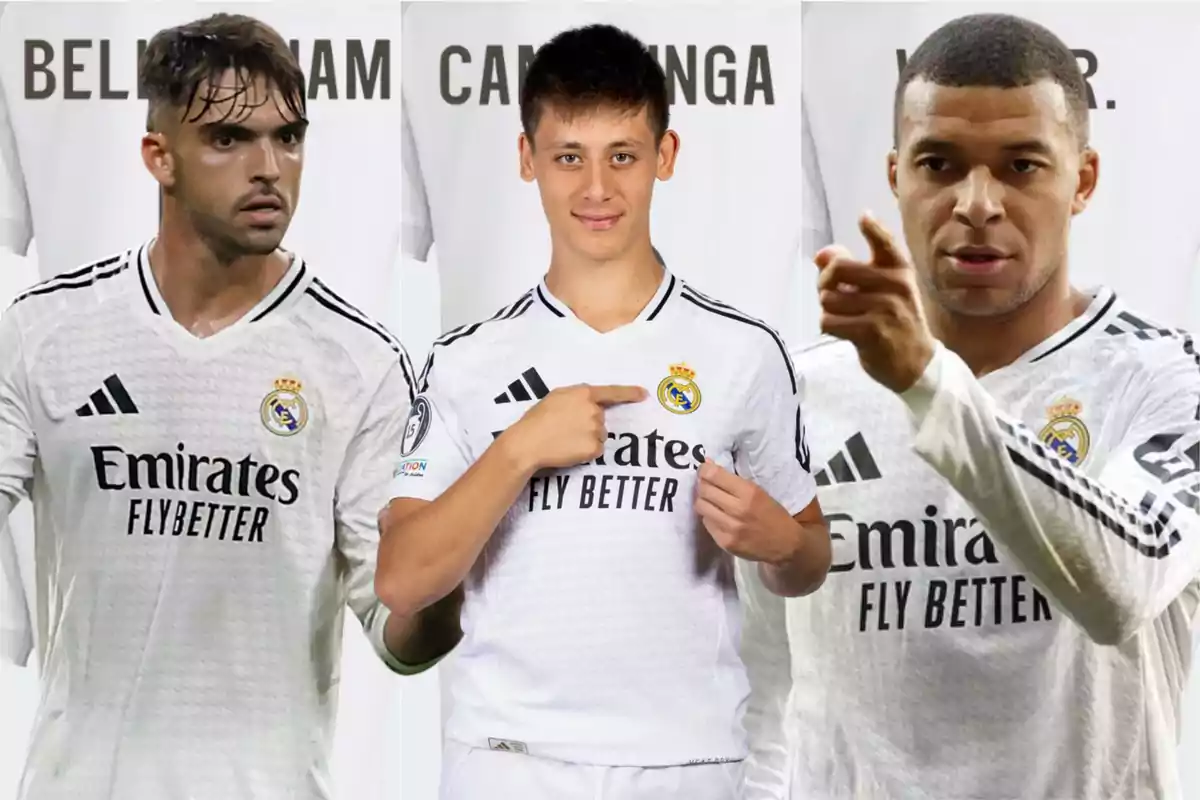 Tres futbolistas con uniforme blanco del Real Madrid posan frente a un fondo claro