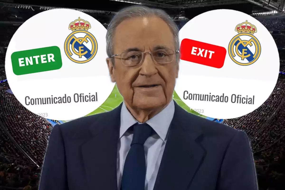 Un hombre con gafas y traje está frente a dos gráficos circulares que muestran el logo de un equipo de fútbol y las palabras "Comunicado Oficial" con las etiquetas "Enter" y "Exit" en un estadio lleno de espectadores.
