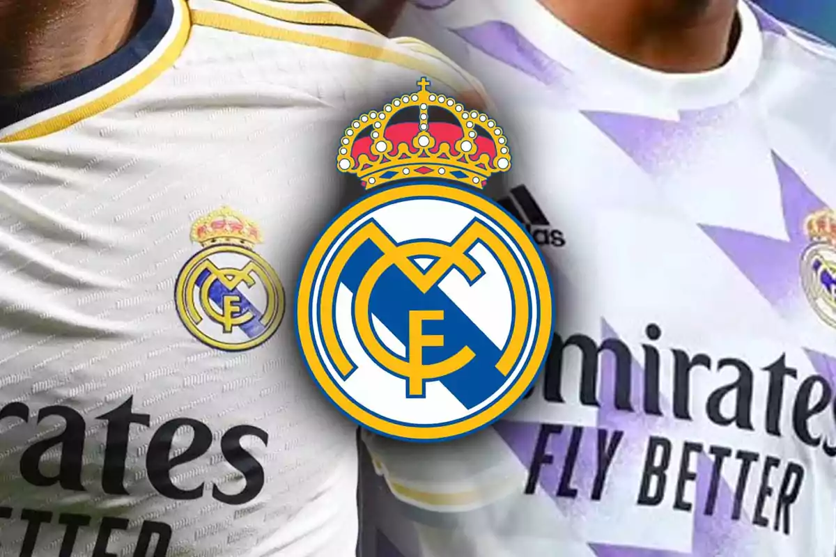 Dos camisetas del Real Madrid con el escudo del equipo en el centro.