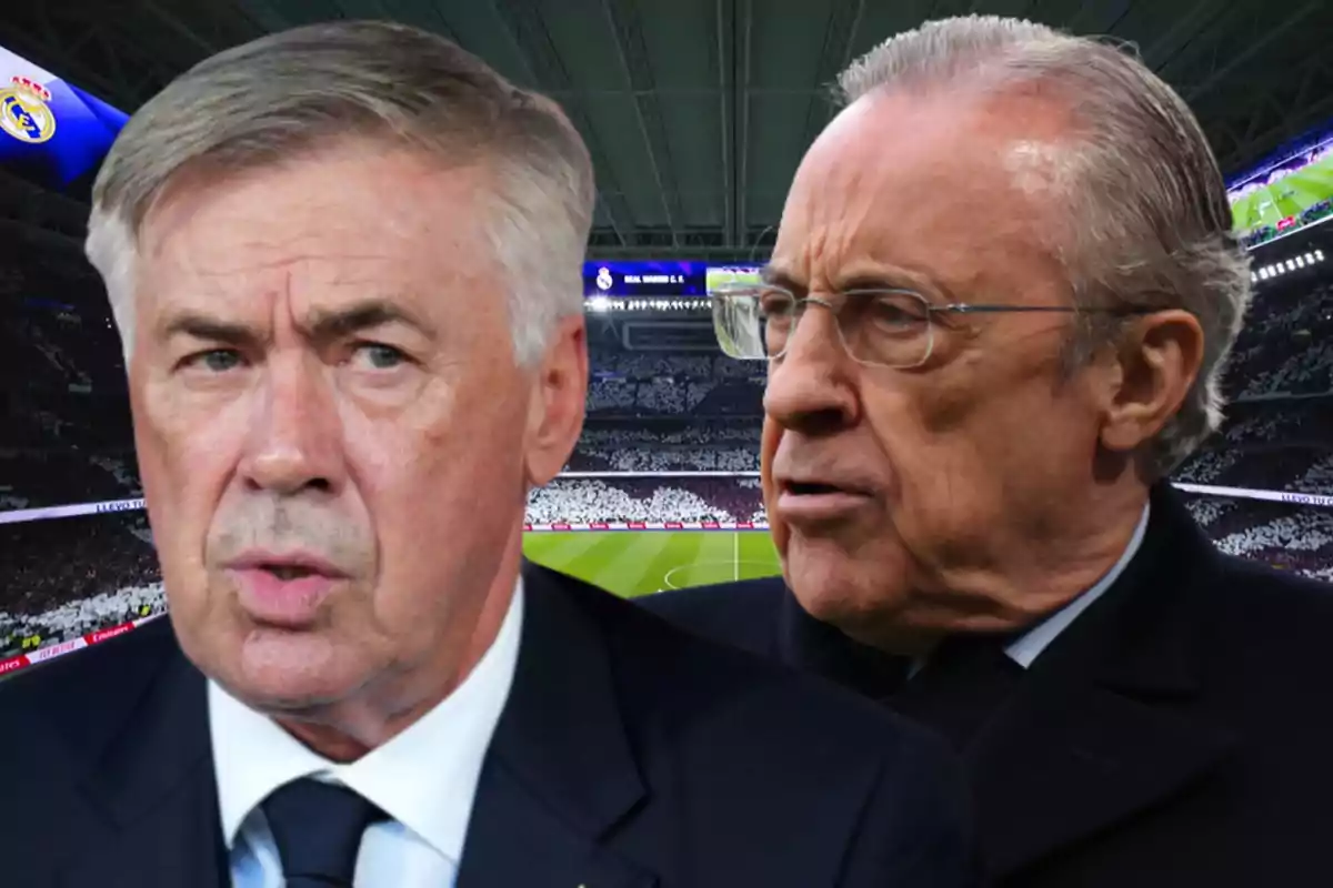 Dos hombres en un estadio de fútbol con el logotipo del Real Madrid en el fondo.