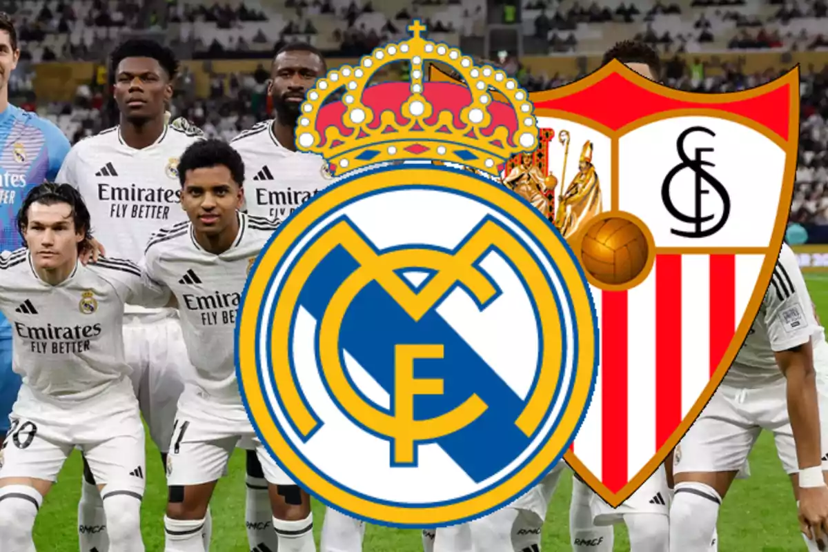 Jugadores del Real Madrid posando en el campo con los escudos del Real Madrid y Sevilla superpuestos.