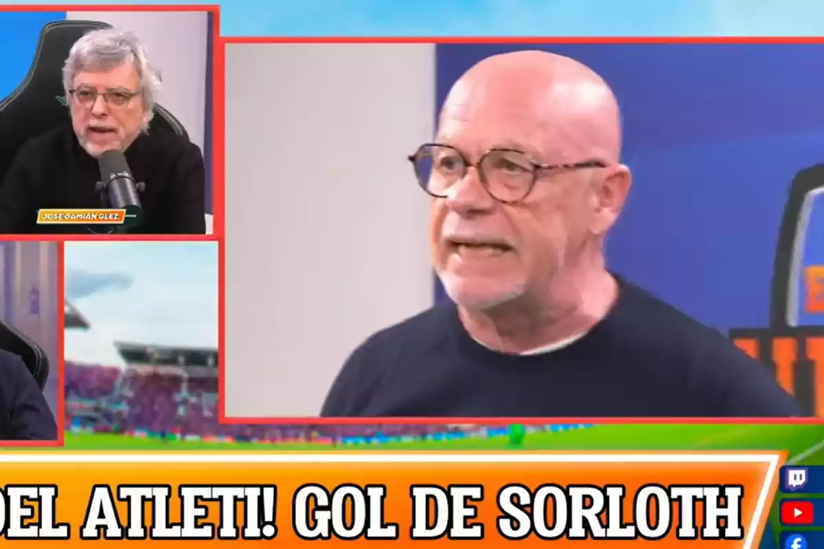 People arguing on a sports show with a scoreboard announcing a goal by Sorloth for Atleti.