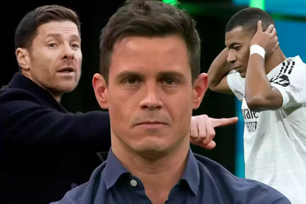 Three men appear in the image: one in the center with a serious expression, another in the background on the left pointing, and a third on the right with his hands on his head and wearing a white t-jersey.