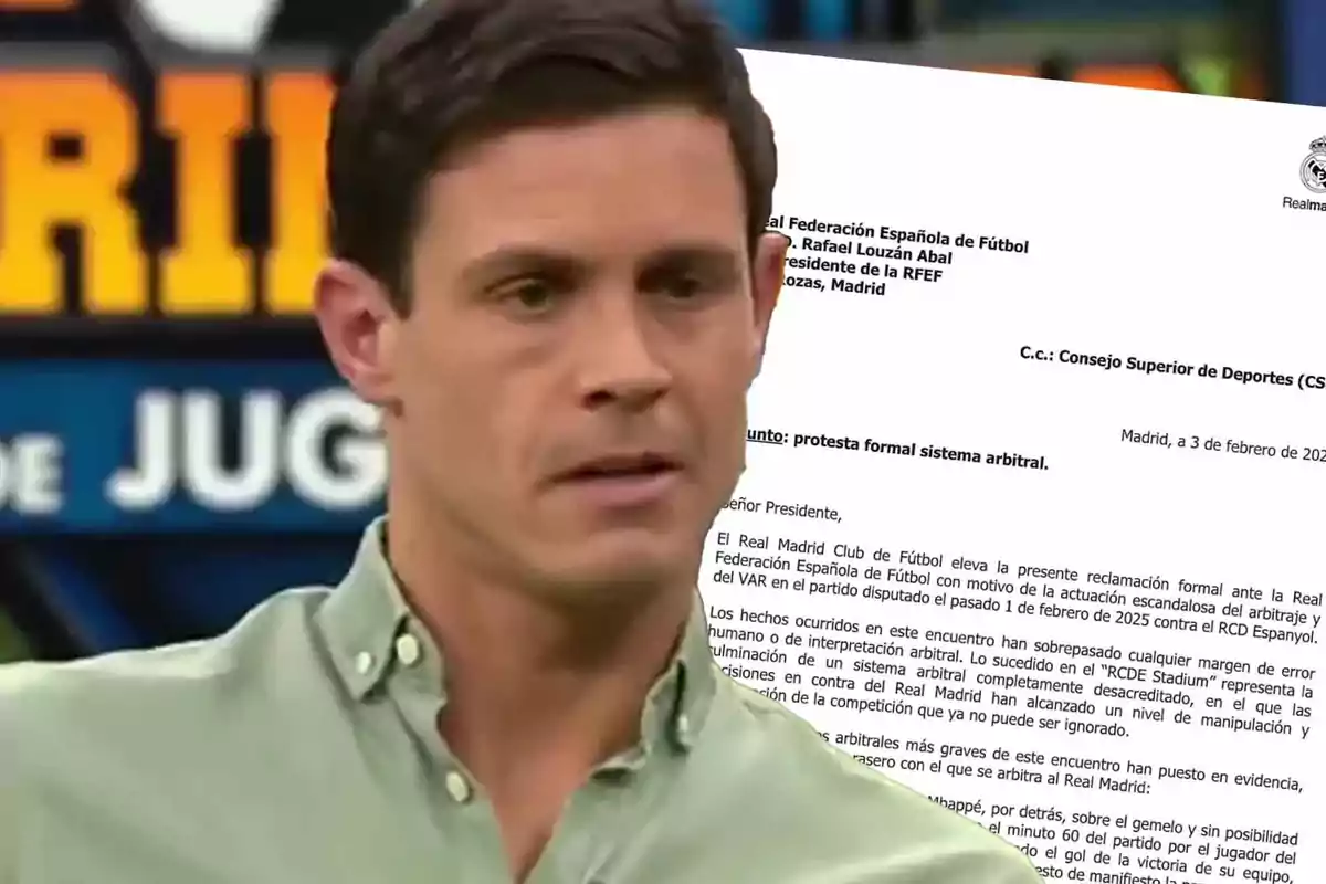 A man in a green jersey appears in front of an official document that seems to be a formal protest letter related to the arbitration system in soccer.