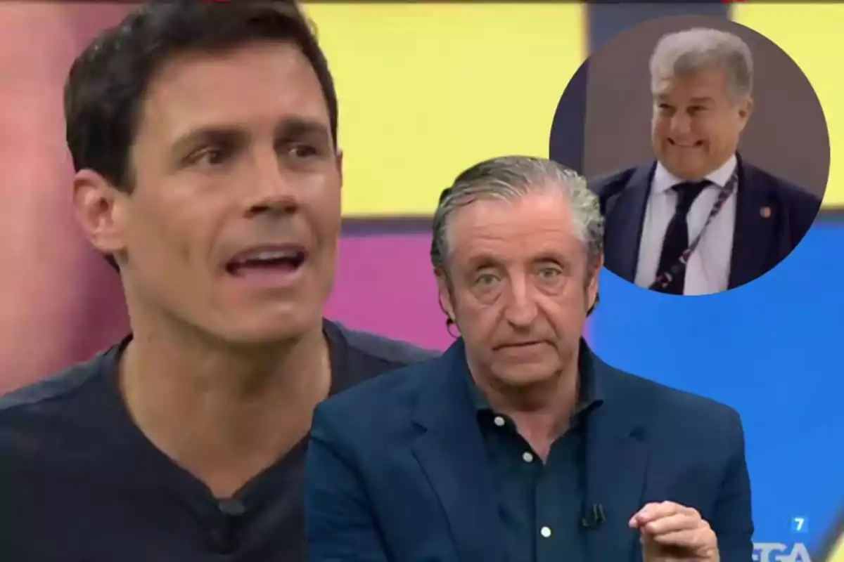 A man speaking on a television show with another man in the background and a third man in a circular box.