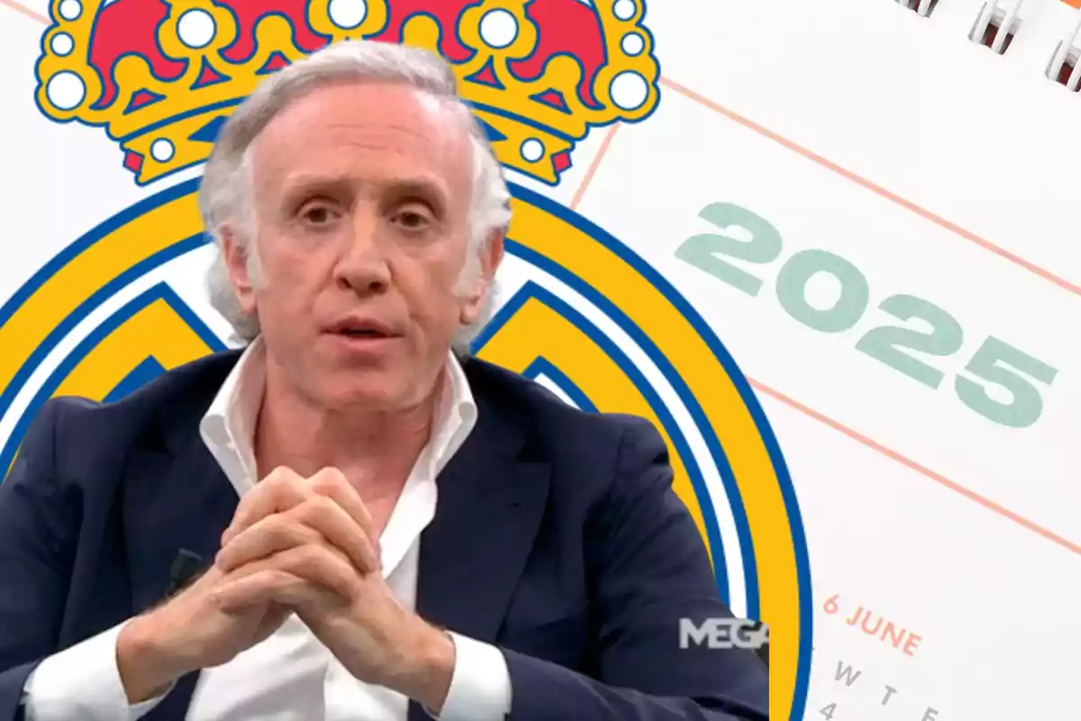 Un hombre de cabello canoso y traje oscuro aparece frente a un fondo con el escudo de un equipo de fútbol y un calendario que muestra el año 2025.