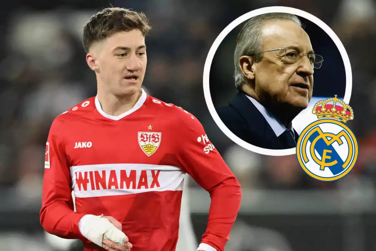 Futbolista del Stuttgart con uniforme rojo y blanco en primer plano, al fondo aparece un recuadro con un hombre mayor de traje y el escudo del Real Madrid