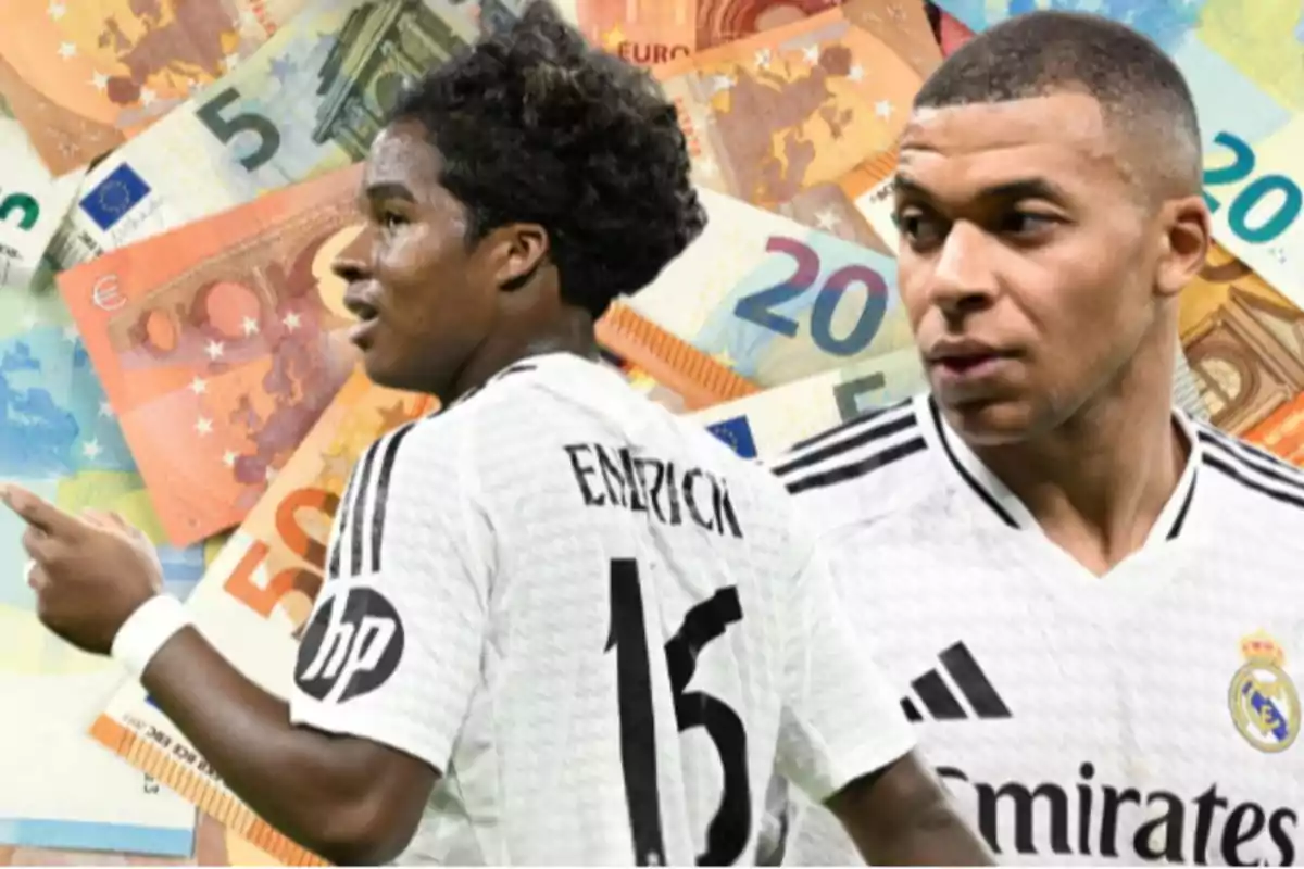 Soccer players in white Real Madrid jerseys against a background of euro bills.