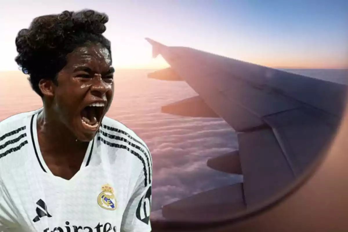 Un jugador de fútbol con expresión de emoción superpuesto sobre una imagen de la vista desde la ventana de un avión al atardecer.