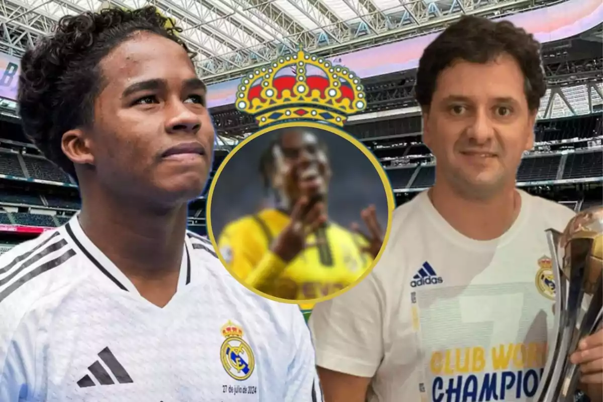 Dos personas con camisetas del Real Madrid posan en un estadio, una de ellas sostiene un trofeo y hay un círculo con una imagen borrosa en el centro.