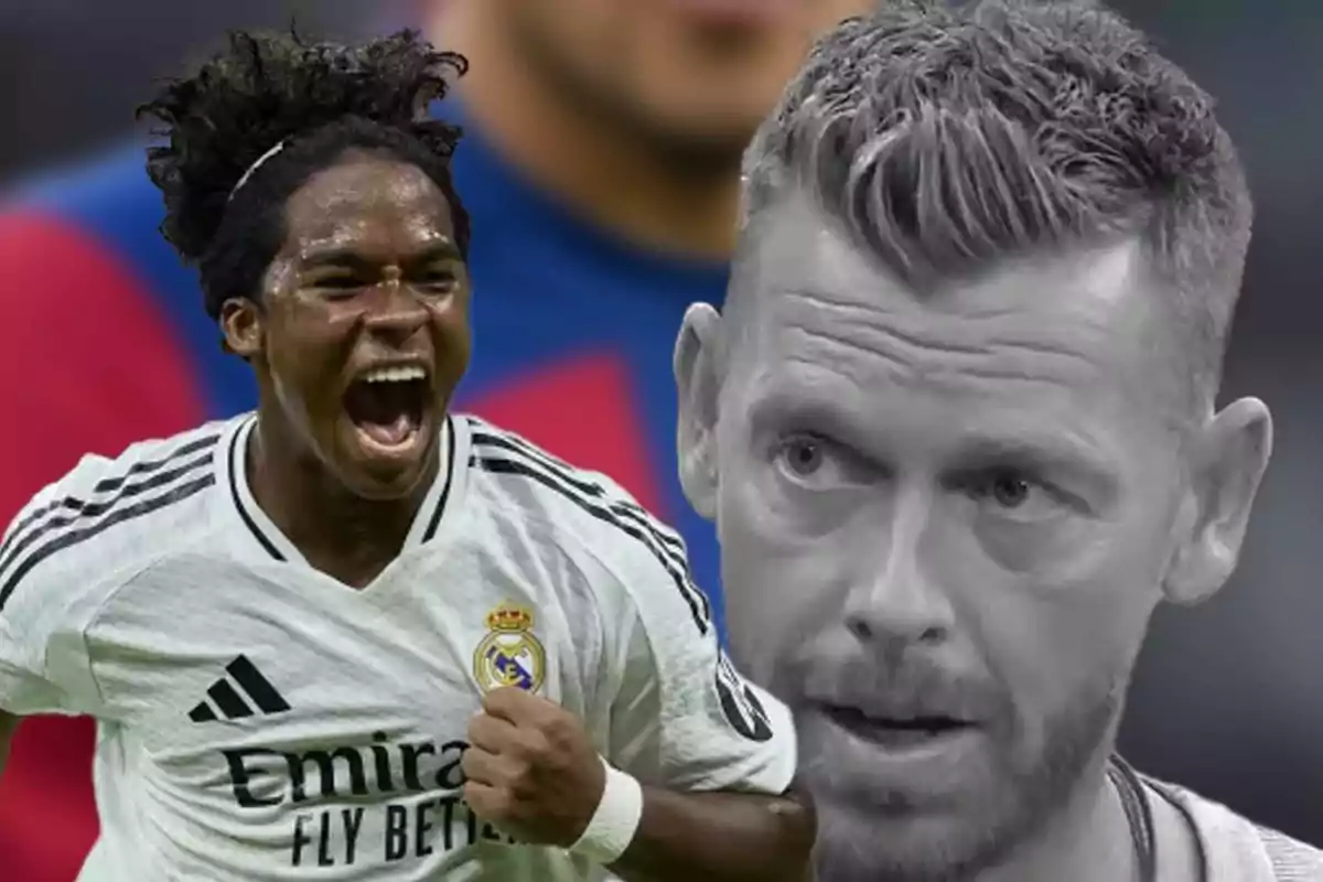 A Real Madrid soccer player celebrates enthusiastically as another person appears in black and white in the background.