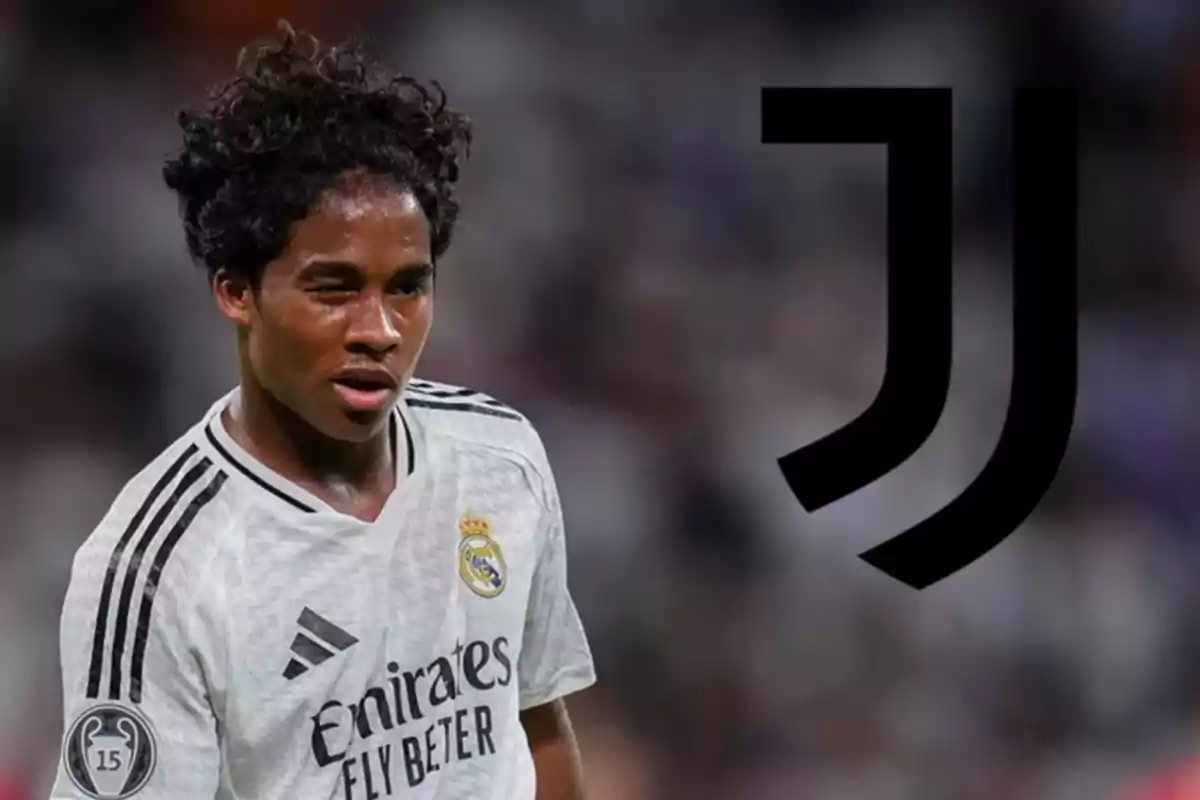 Jugador del Real Madrid con el logo de la Juventus al fondo