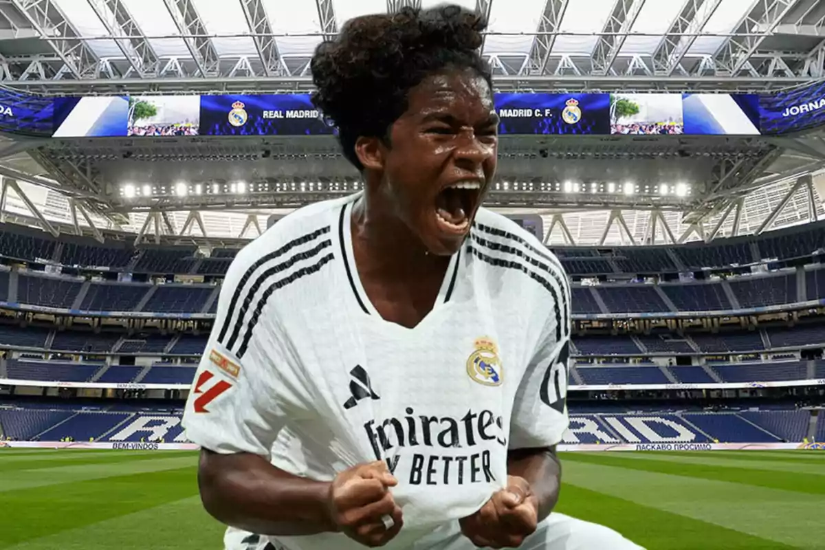 Football player celebrating with passion at the Real Madrid stadium.