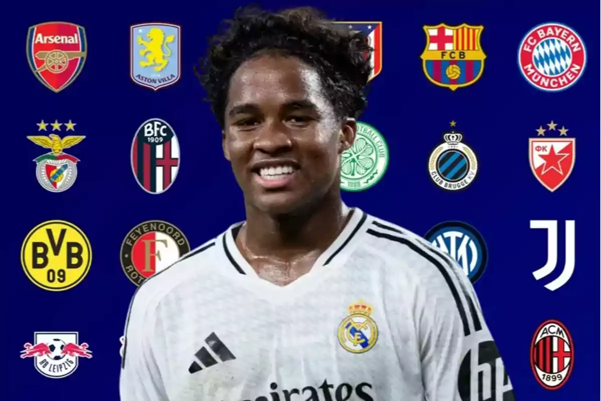 Joven futbolista con uniforme del Real Madrid sonríe frente a un fondo azul con escudos de varios equipos europeos de fútbol.